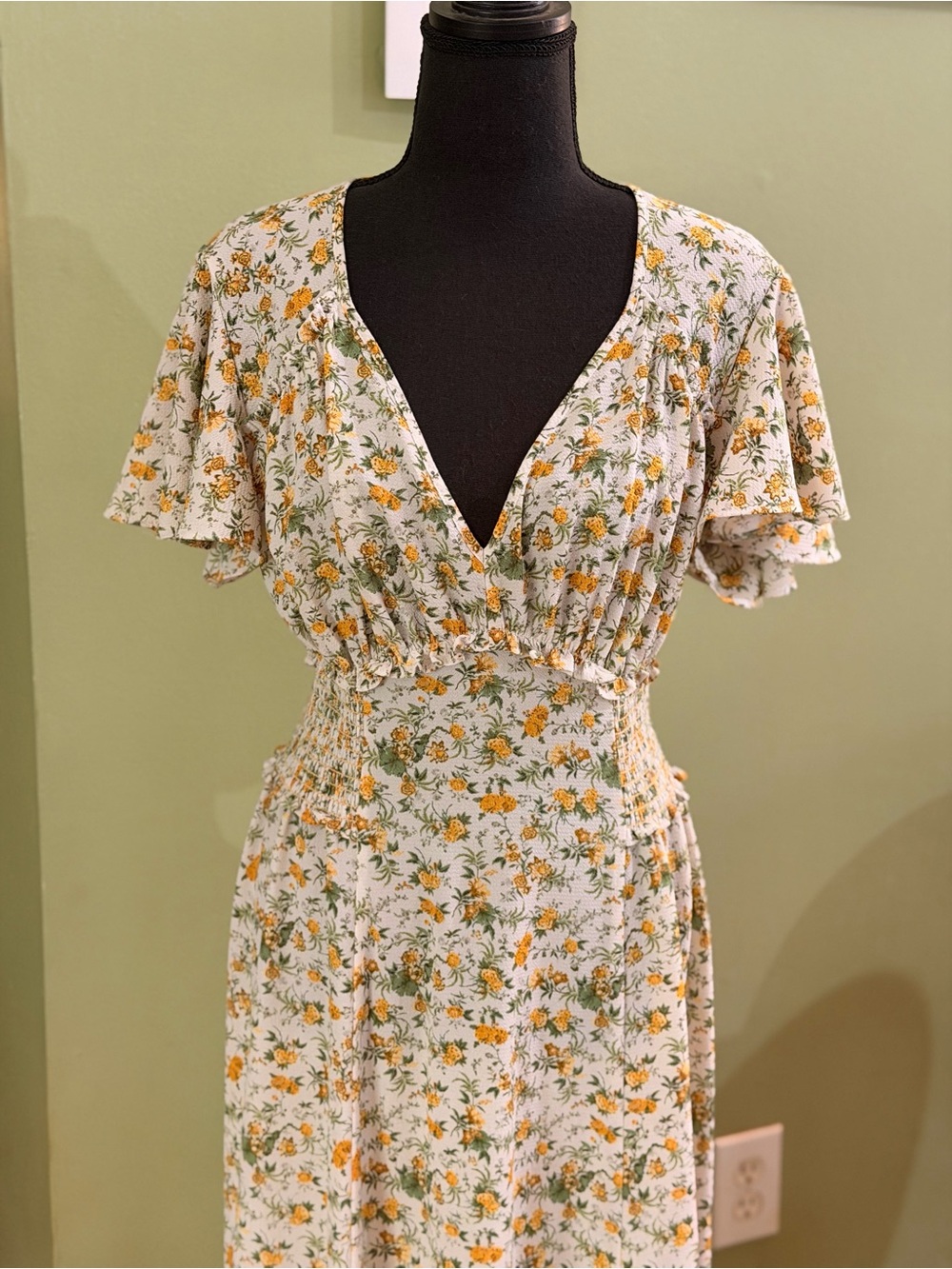 Max Studio Cream Floral Maxi Dress with Yellow & Green Print